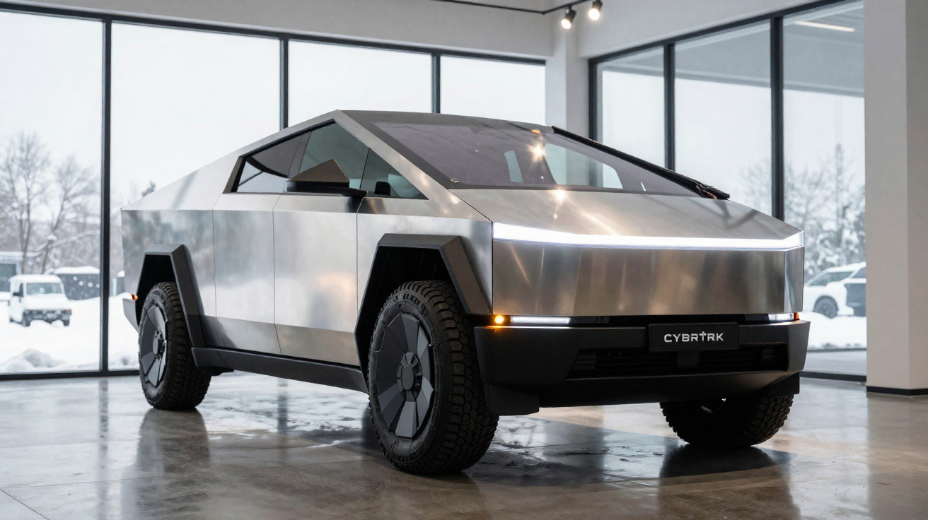 Carro elétrico Tesla Cybertruck prata em exposição interna com janelas grandes ao fundo.