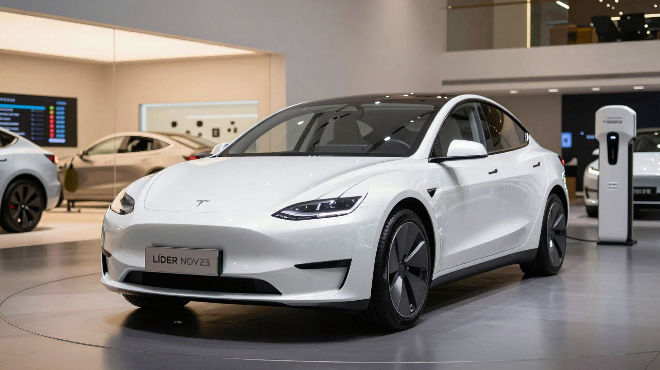 Carro elétrico branco Tesla Model 3 em exposição dentro de showroom moderno.