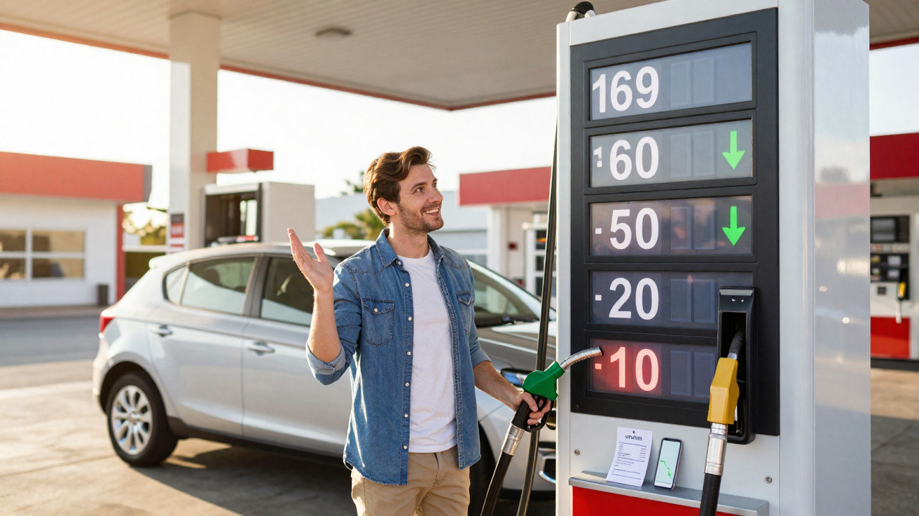 Homem feliz ao abastecer carro em posto de gasolina com preços visíveis no painel.