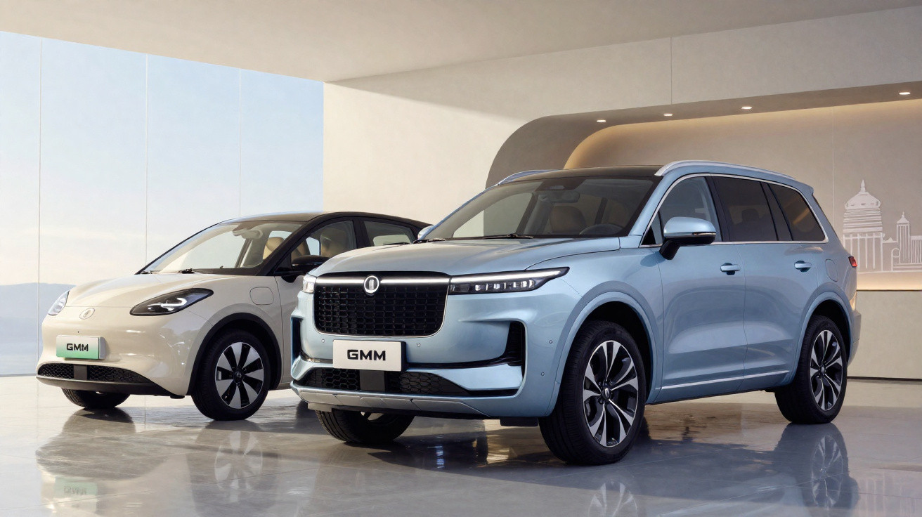 Dois carros elétricos GMM, um compacto branco e um SUV azul, em showroom moderno e iluminado.