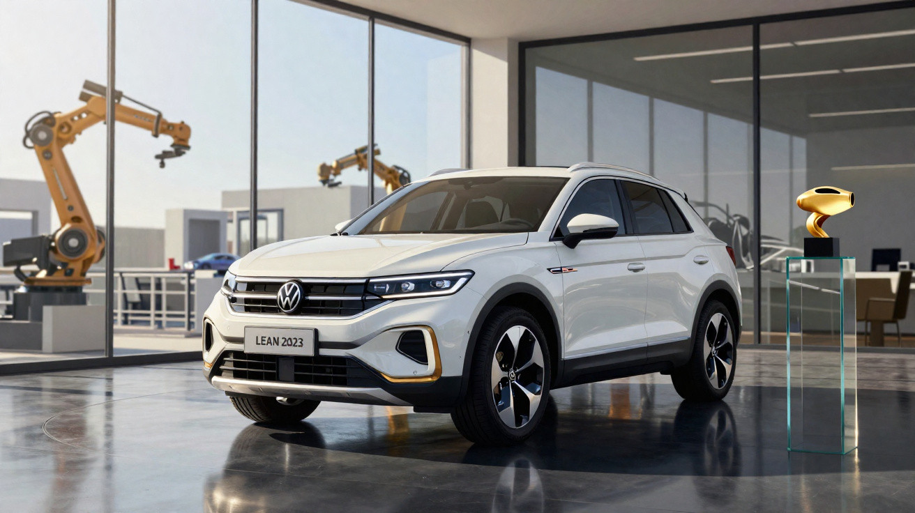 Carro Volkswagen LEAN 2023 branco exibido em showroom moderno com robôs industriais ao fundo.