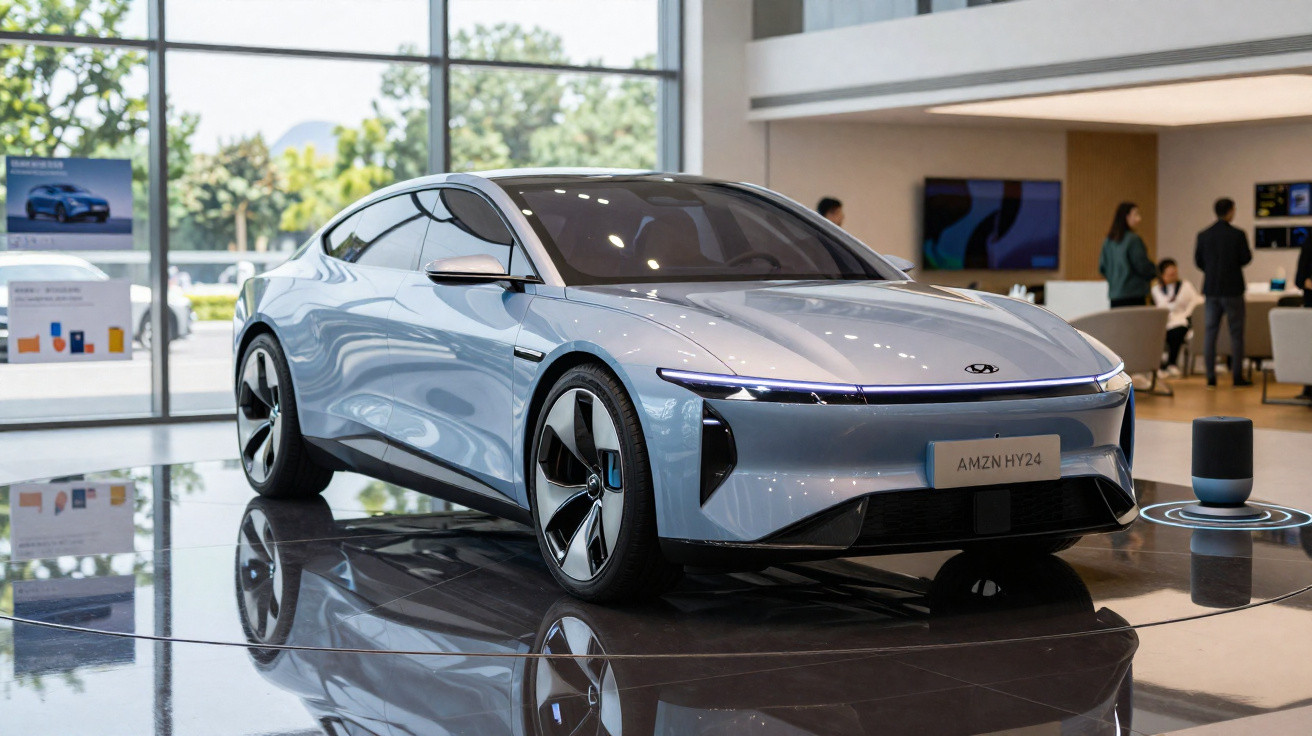 Carro elétrico moderno prateado exibido em showroom com ambiente interno e pessoas ao fundo.