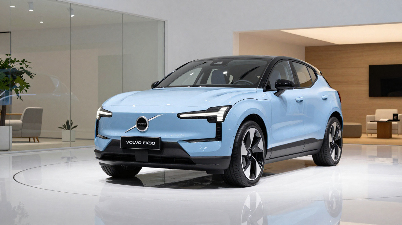 Carro elétrico Volvo EX30 azul claro exibido em ambiente interno moderno e iluminado.