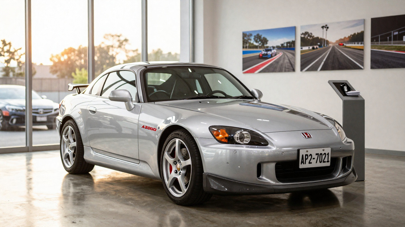 Carro esportivo prata Honda S2000 em exposição em ambiente interno com fotos de corrida na parede.