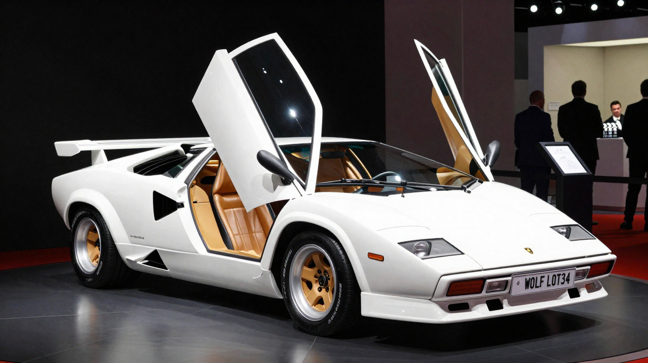 Carro esportivo branco Lamborghini Countach com portas abertas estilo tesoura em exposição.