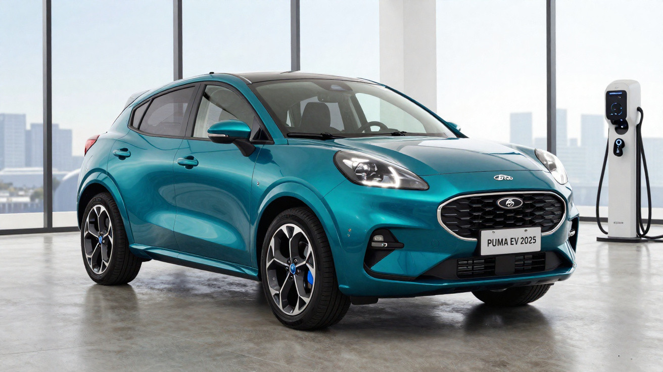Carro elétrico azul modelo Puma EV 2025 estacionado em ambiente interno com estação de recarga elétrica.