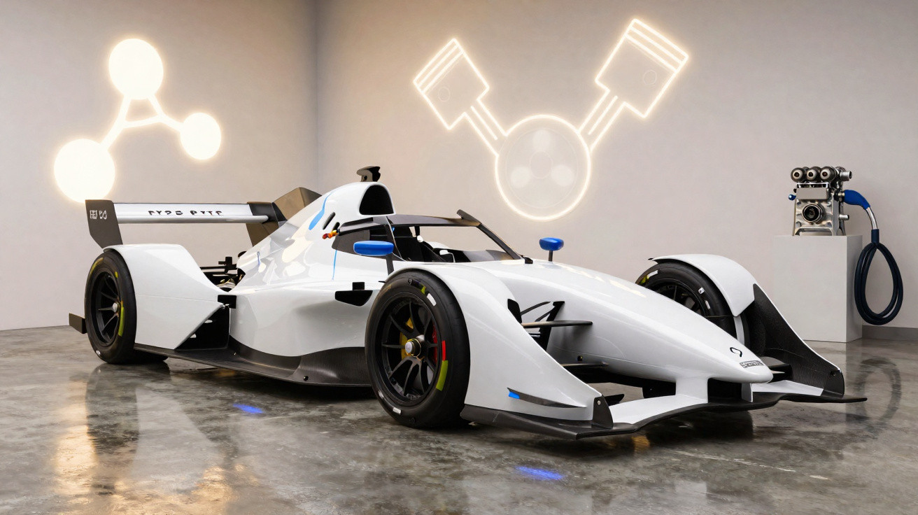 Carro de corrida futurista branco em exposição em ambiente interno com luzes decorativas nas paredes.
