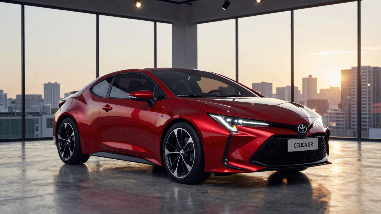 Carro esportivo Toyota Celica GR vermelho em pé no chão de concreto com parede de vidro e cidade ao fundo.