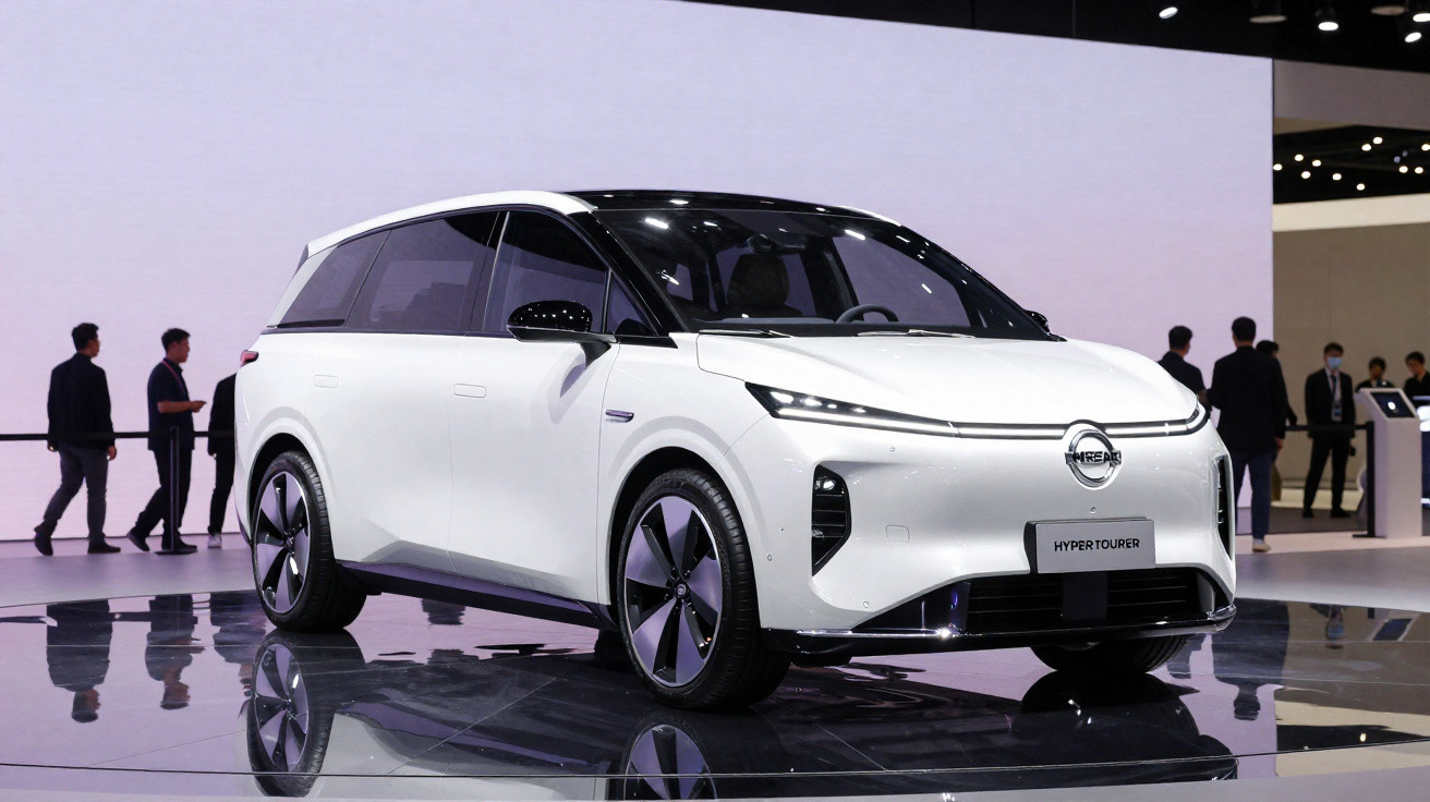 Carro elétrico branco futurista exposto em salão, com pessoas ao fundo e reflexo no chão brilhante.
