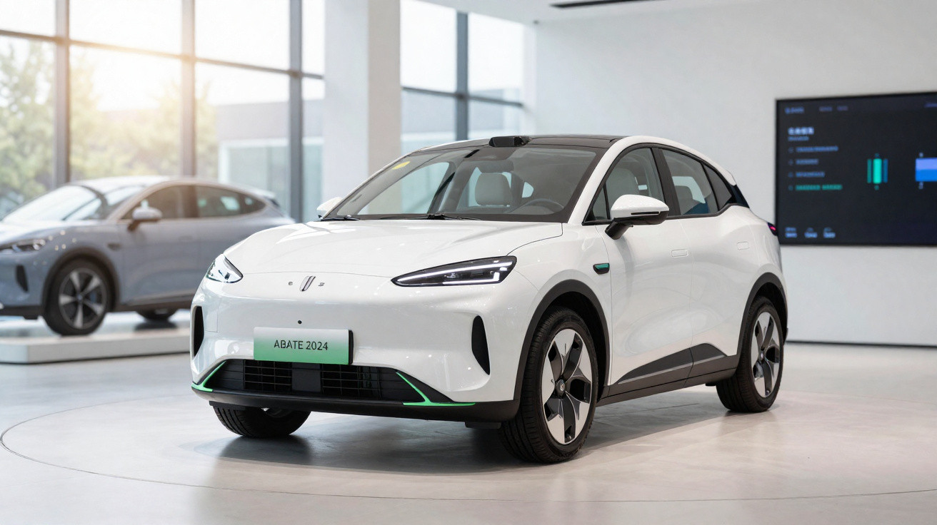 Carro elétrico branco ABATE 2024 exibido em showroom moderno com janelas amplas e outro carro ao fundo.