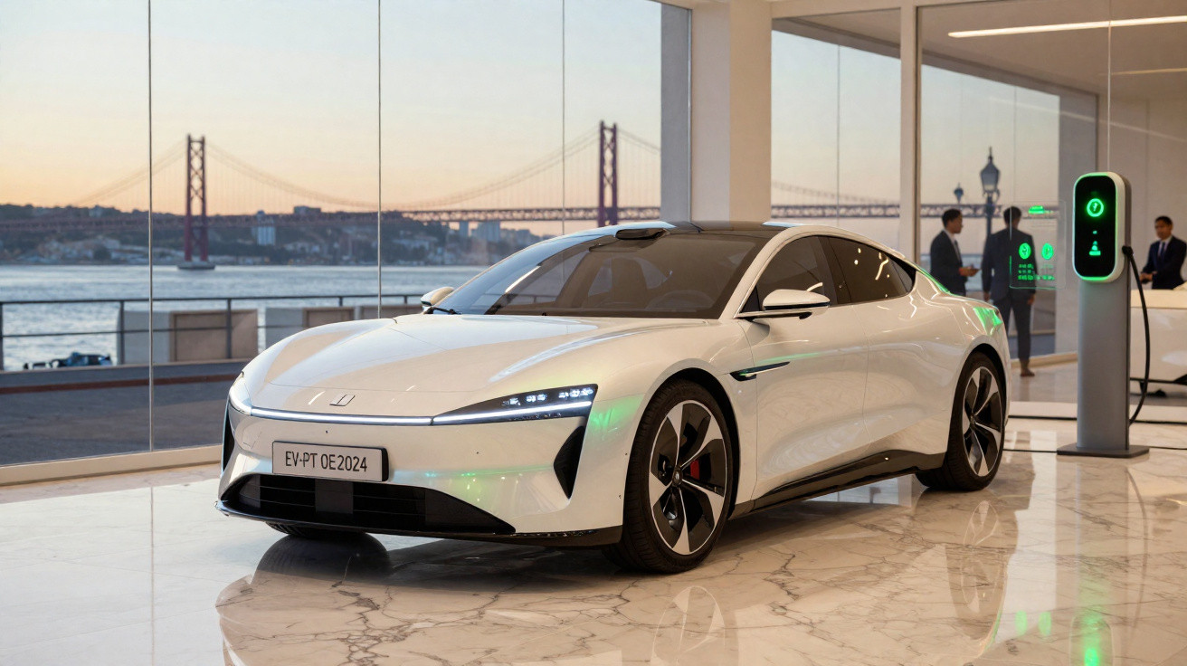 Carro elétrico branco moderno estacionado em showroom com parede de vidro e ponte ao fundo.