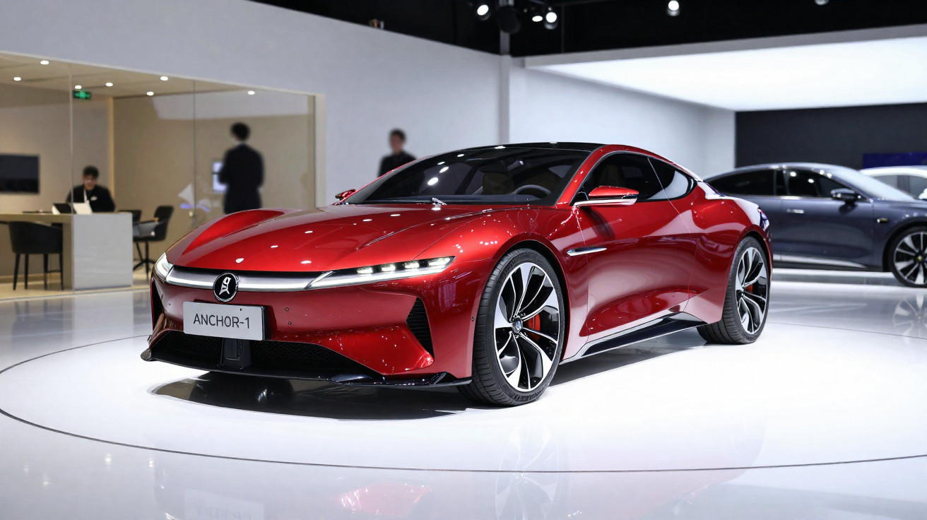 Carro esportivo vermelho moderno exposto em salão com piso branco e pessoas ao fundo.