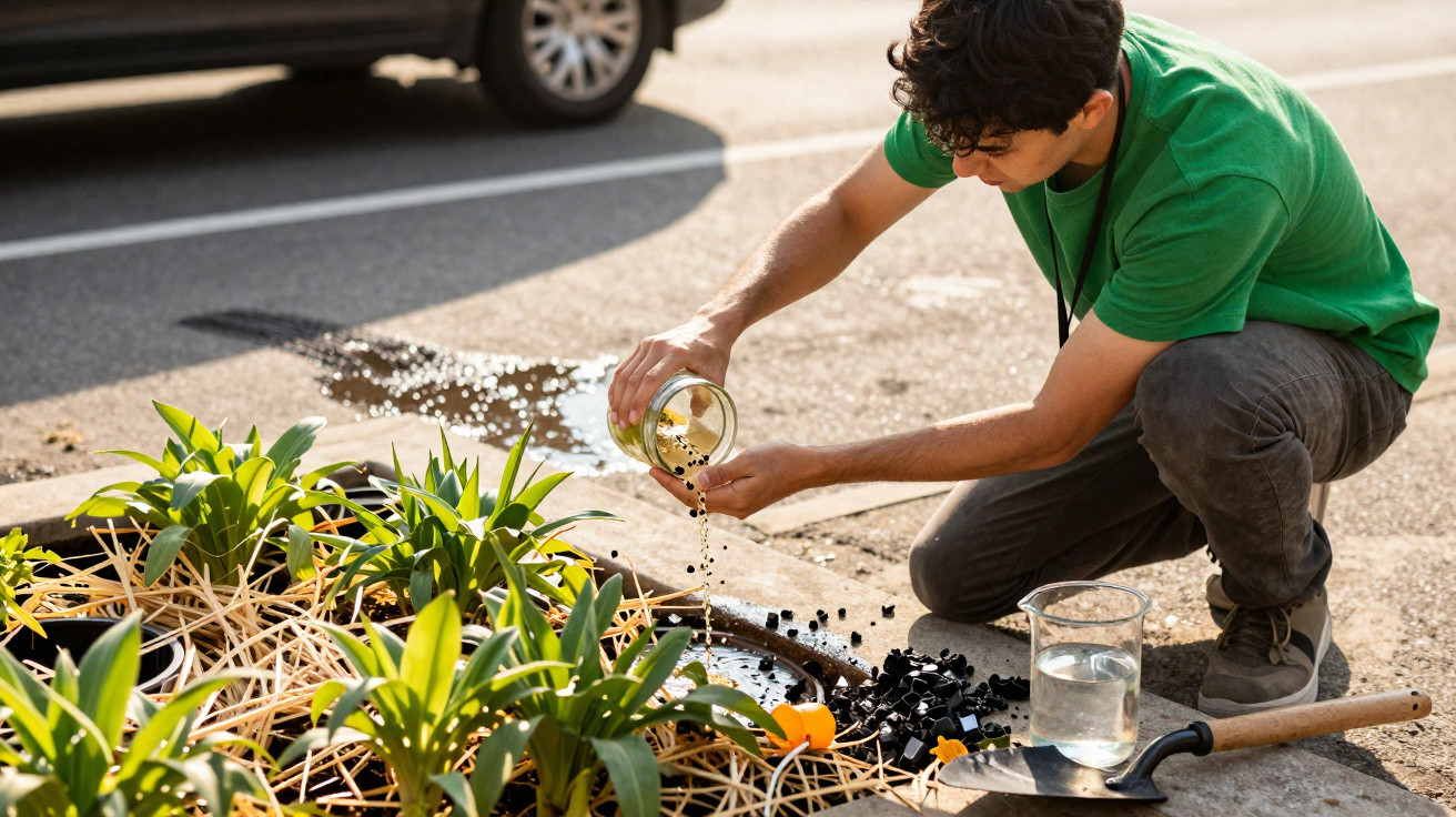 Homem regando plantas urbanas com pote de vidro agachado ao lado de pá e copo d'água na calçada.