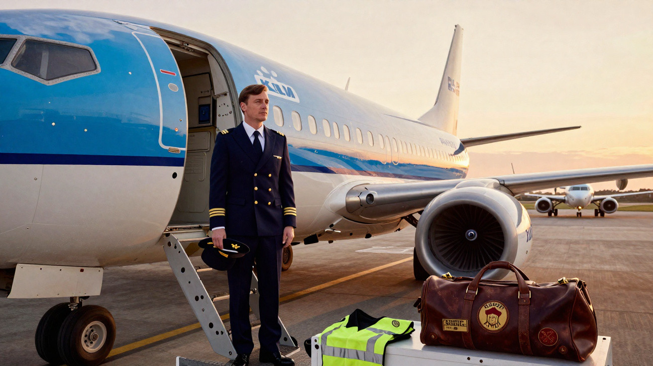 Piloto em uniforme ao lado da porta aberta de avião na pista ao pôr do sol com mala e colete refletivo.