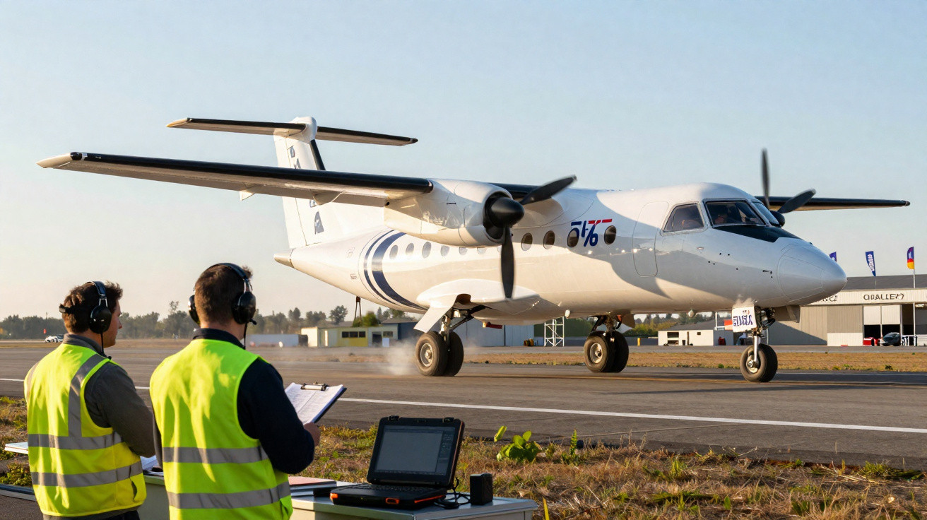 Aeronave de pequeno porte taxiando no aeroporto com dois técnicos de segurança observando ao lado.