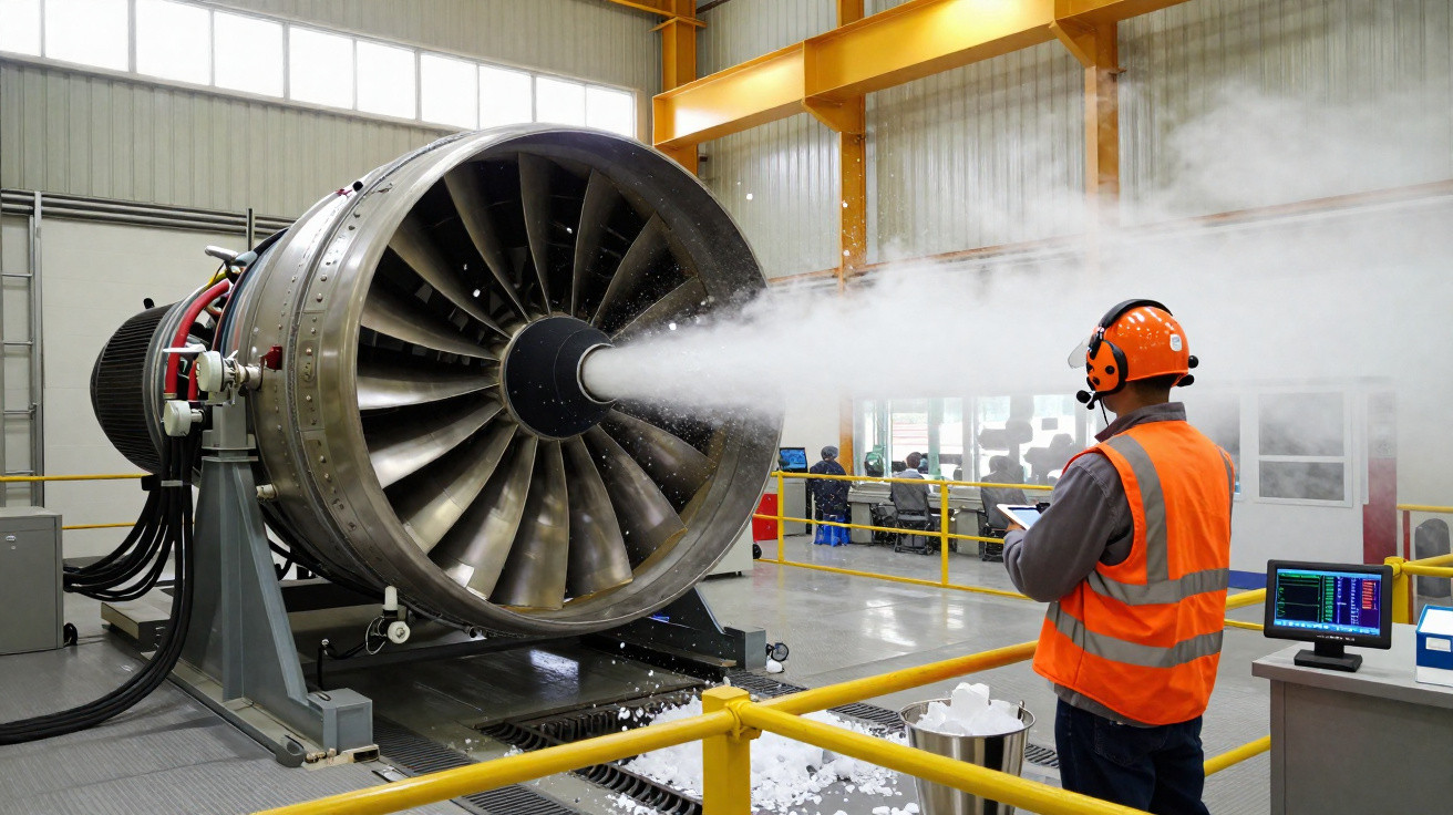 Técnico em proteção ouve ruído de turbina de motor de avião em ambiente industrial com equipamento monitorando dados.