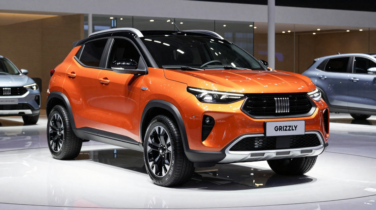 SUV laranja Fiat Grizzly em exposição, com rodas pretas e teto preto em showroom moderno.