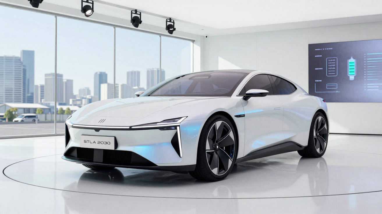 Carro elétrico branco modelo STLA 2030 em showroom moderno com grande janela e tela digital.