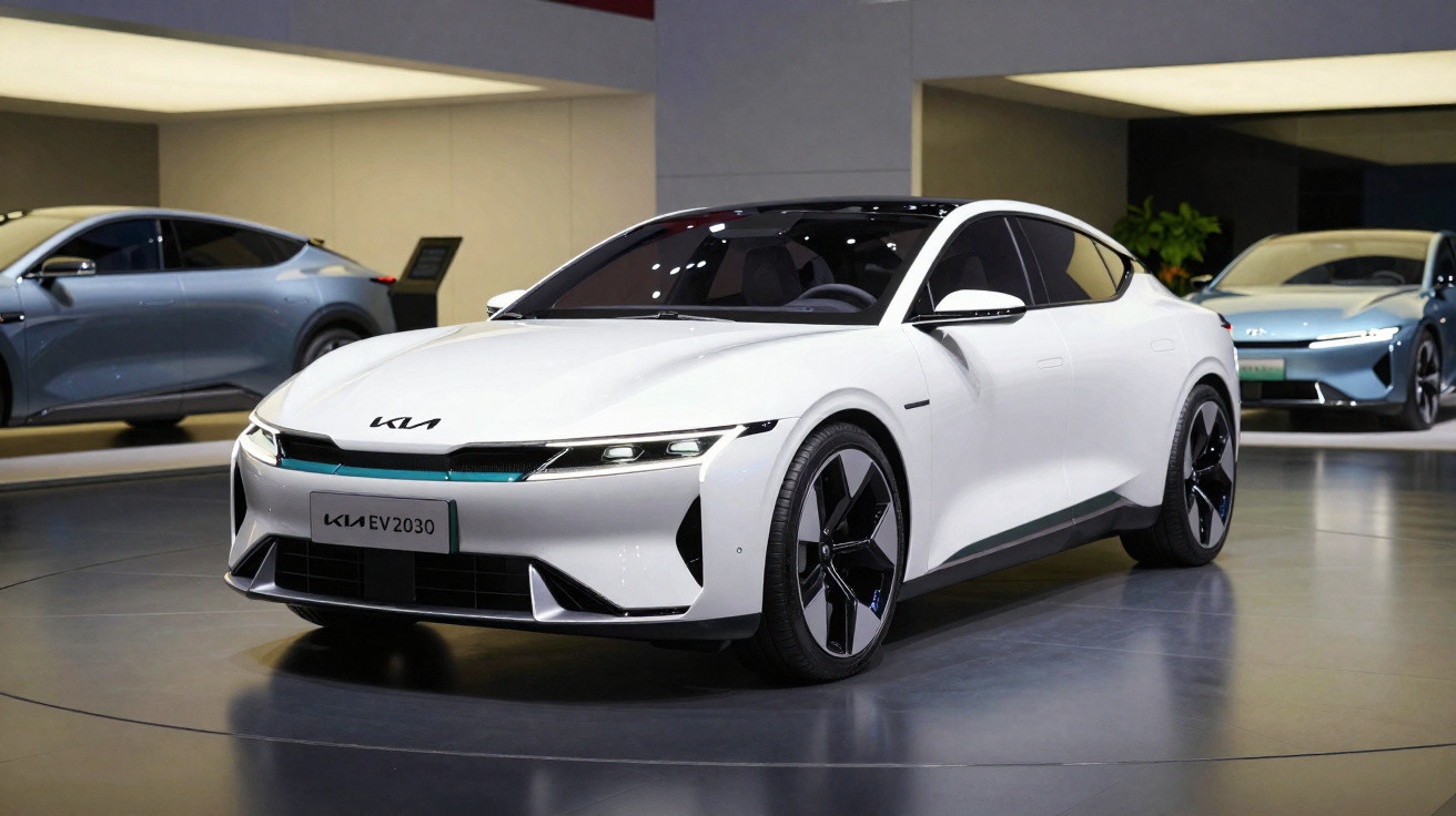 Carro elétrico branco Kia EV 2030 exibido em salão de automóveis com outros veículos ao fundo.