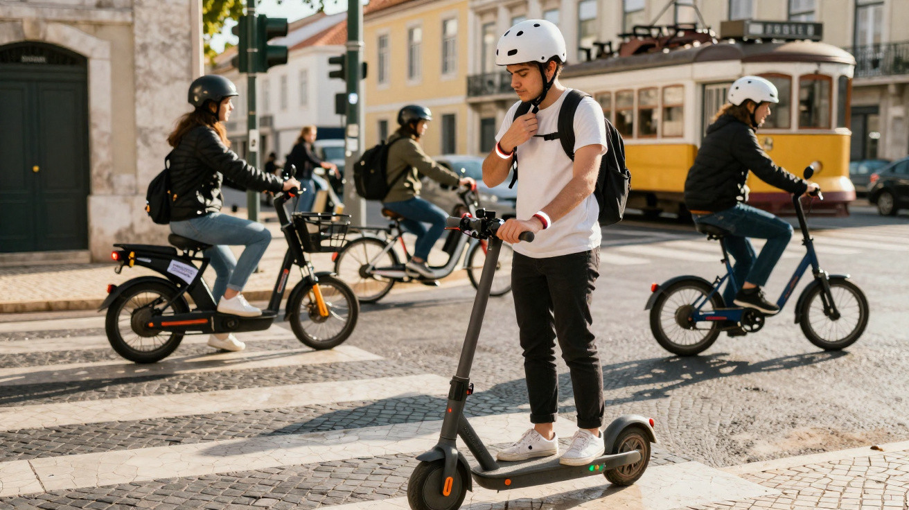 Jovens com capacetes usando patinete elétrico e bicicletas em faixa de pedestres na cidade, com bonde ao fundo.