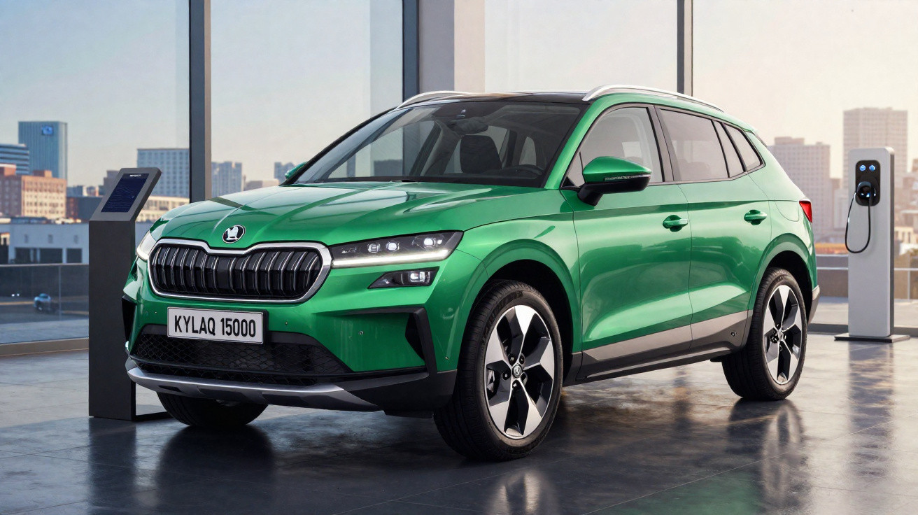 Carro SUV elétrico verde estacionado em área interna com estação de carregamento ao fundo.