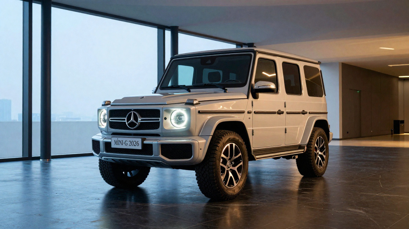 Carro SUV branco Mercedes-Benz G-Class estacionado em ambiente interno moderno com janelas amplas.
