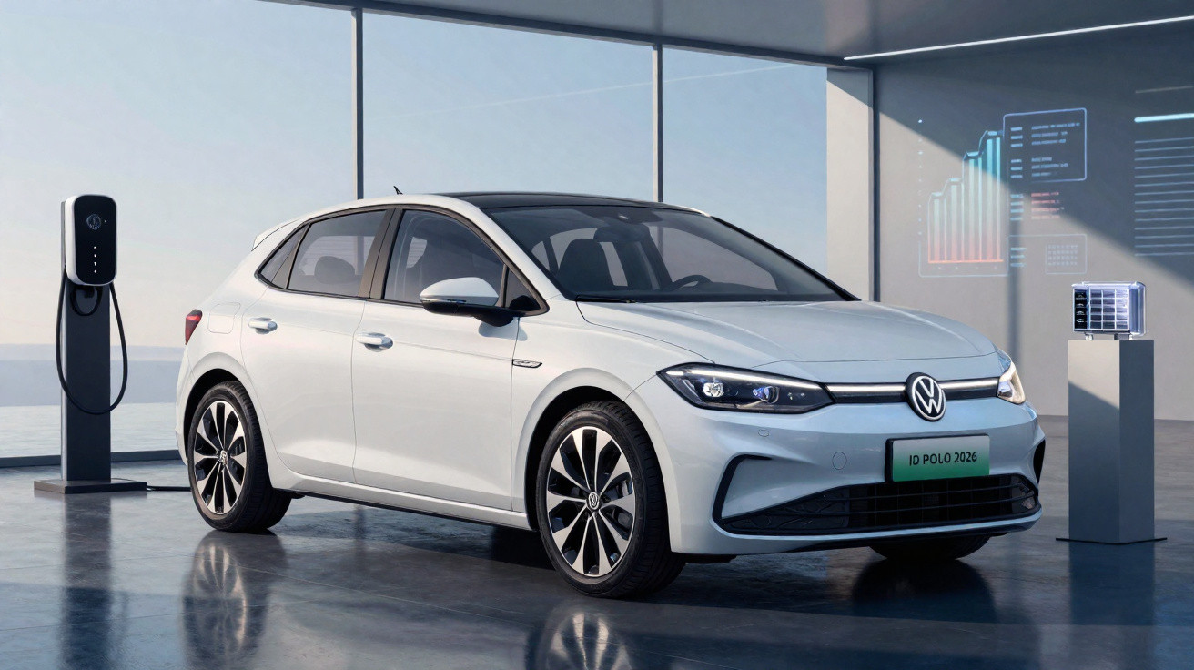Carro elétrico Volkswagen branco carregando em estação dentro de ambiente moderno e iluminado.