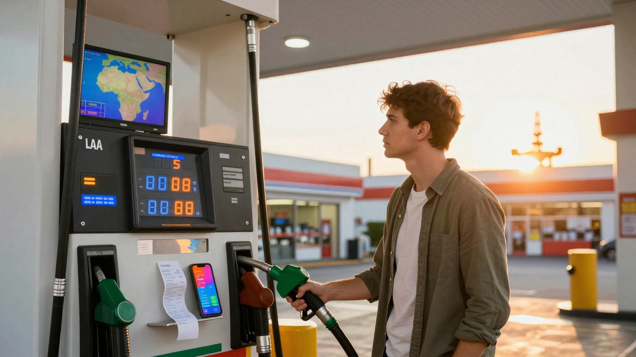 Homem jovem em posto de gasolina segurando bomba para abastecer veículo ao pôr do sol.