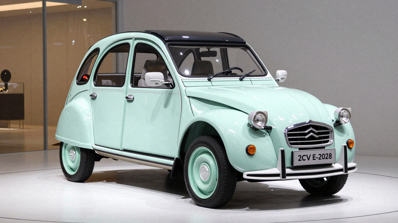 Carro Citroën 2CV E-2028 verde claro exibido em salão de automóveis moderno.