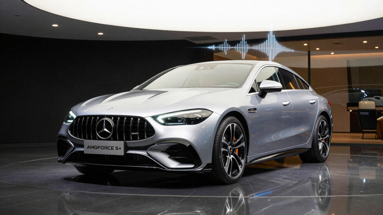 Carro prata Mercedes-Benz AMG em ambiente interno moderno com piso espelhado e luz ambiente.