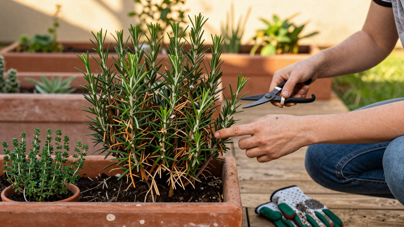Pessoa cuidando de plantas aromáticas em vasos de barro em jardim externo.