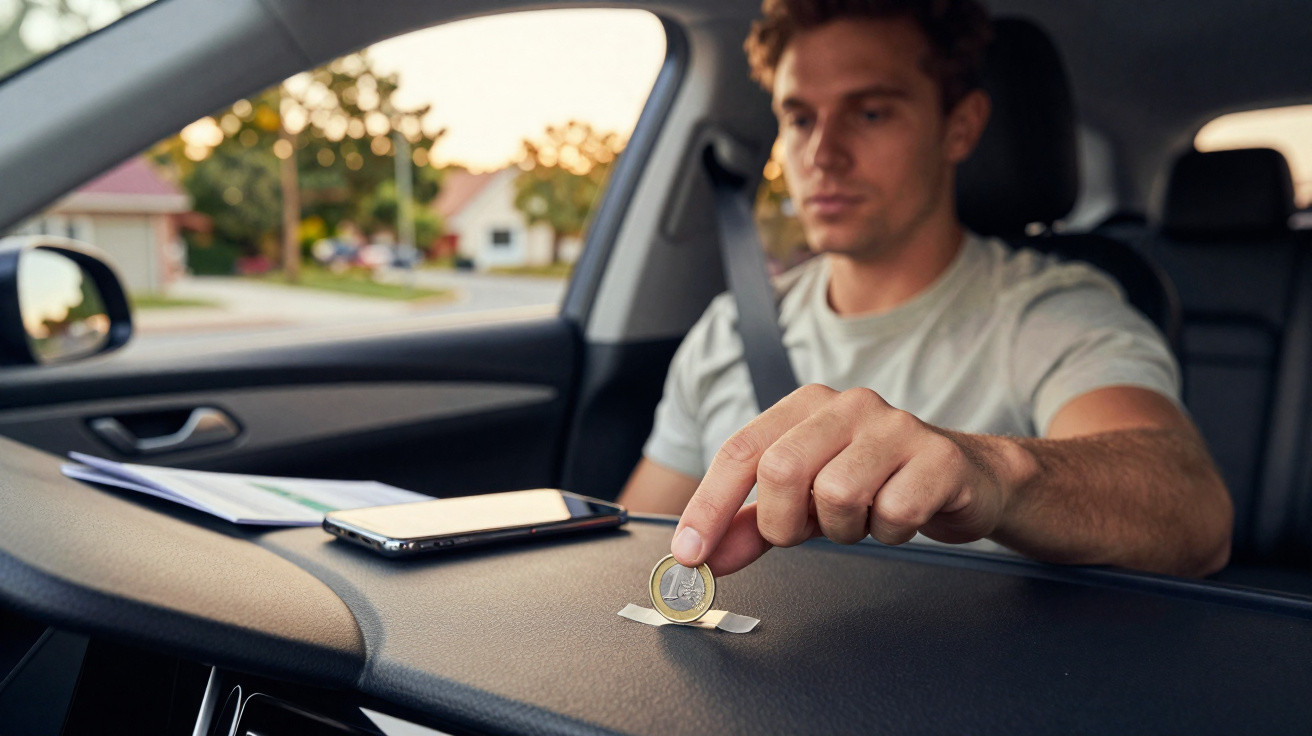 Homem dentro de carro colocando moeda sobre painel com celular e documentos ao lado.