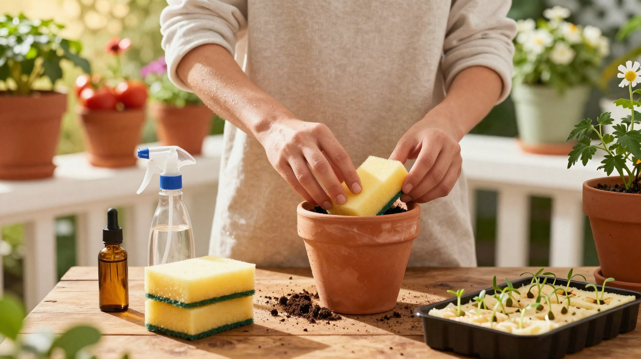 Mãos plantando um vaso de barro com esponja, ao redor ferramentas de jardinagem e mudas em bandeja preta.