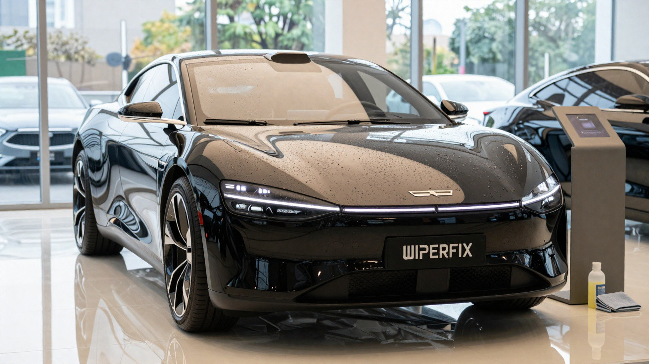 Carro elétrico preto com design moderno exibido em showroom com piso refletivo e luz natural.