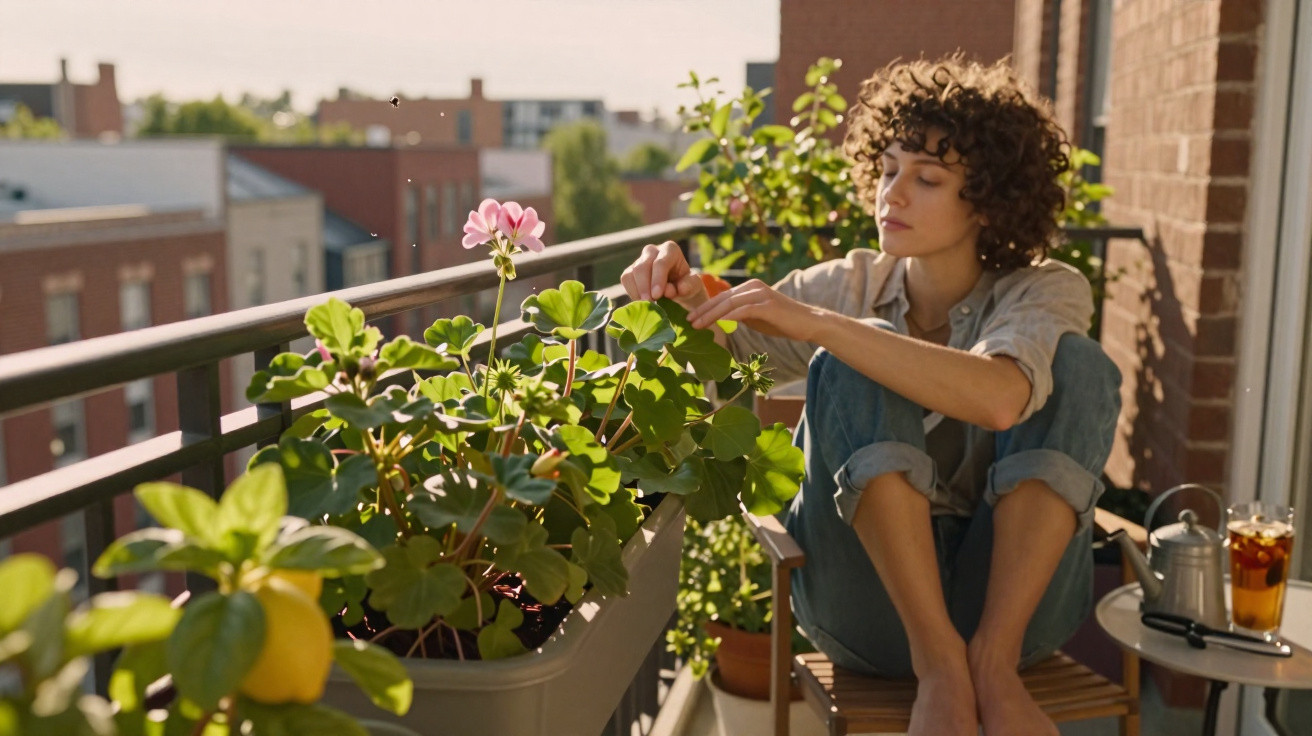 Mulher cuidando de plantas em varanda ensolarada de apartamento urbano.