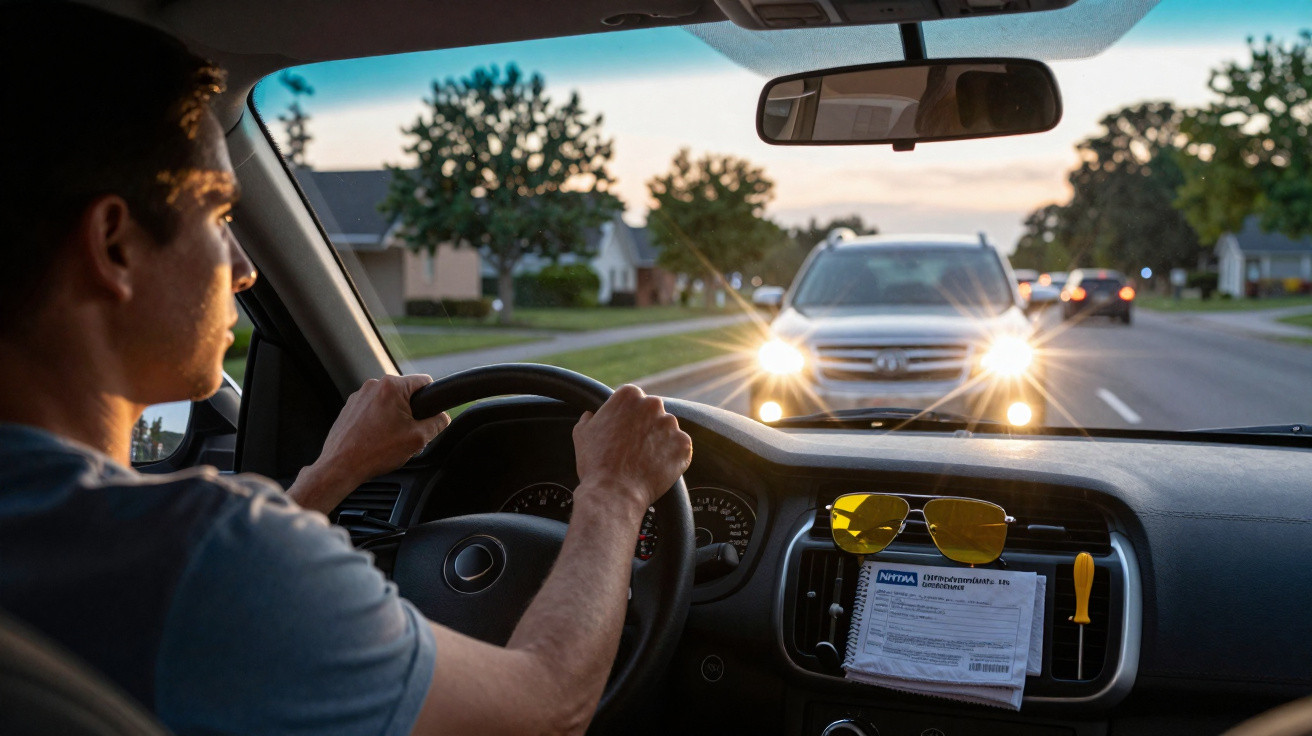 Homem dirigindo à noite com faróis de carro vindo em sentido contrário iluminando o interior do veículo.