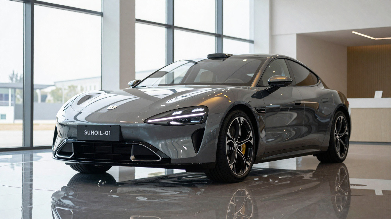 Carro esportivo elétrico cinza escuro exibido em ambiente interno com piso reflexivo.