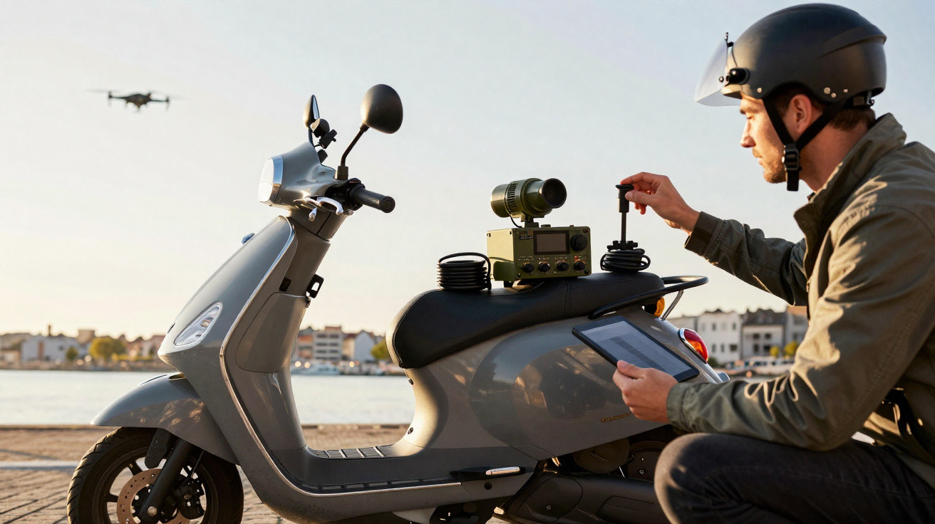 Homem com capacete operando drone próximo a scooter cinza com equipamento eletrônico no banco.