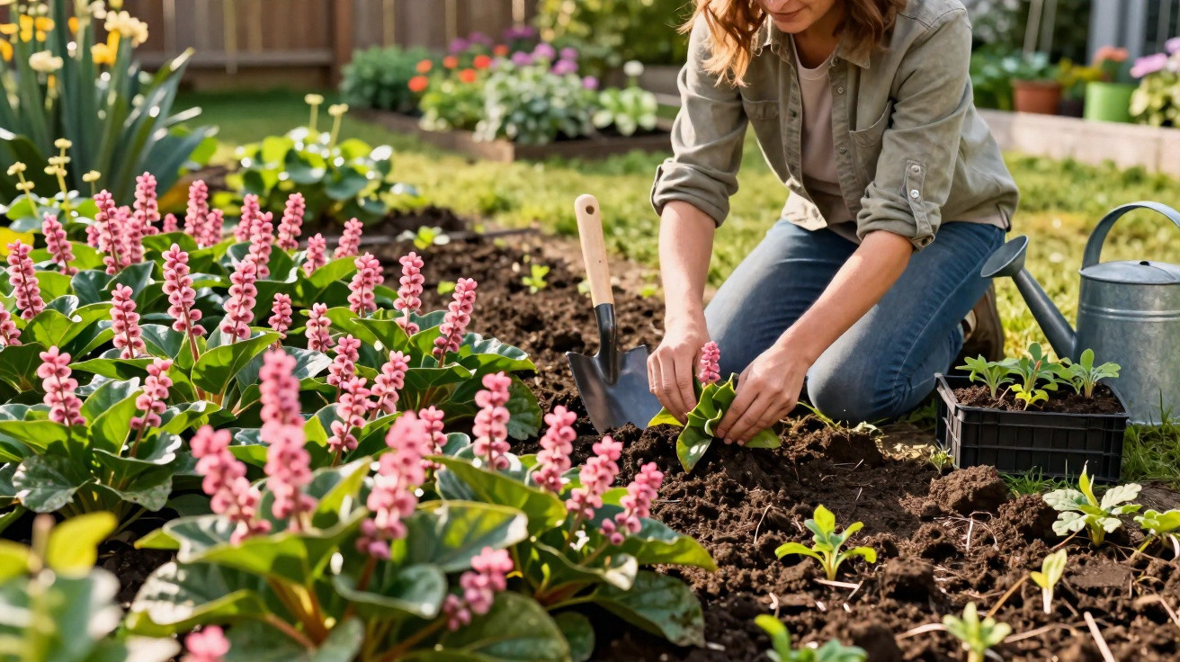 Mulher plantando mudas em jardim florido com regador e pá ao lado em dia ensolarado.