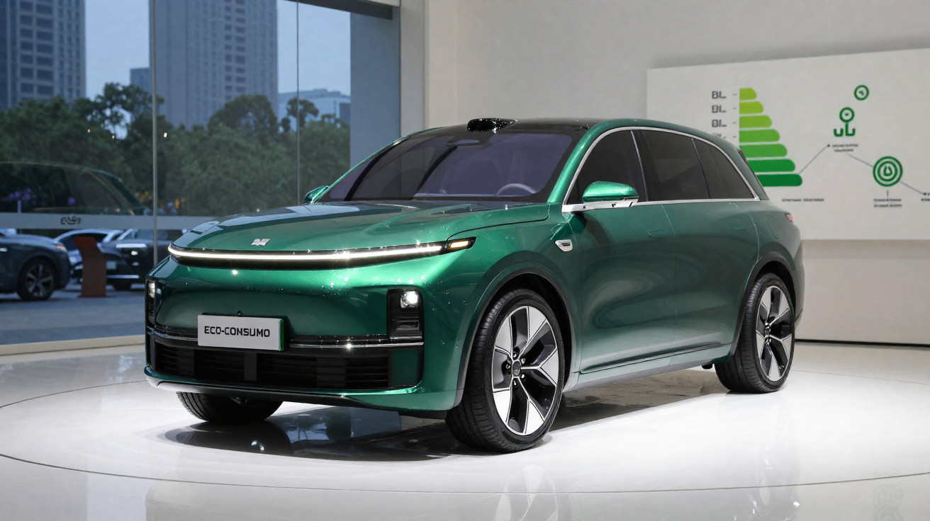 Carro SUV elétrico verde em exposição com design moderno e acabamento sofisticado em ambiente interno.
