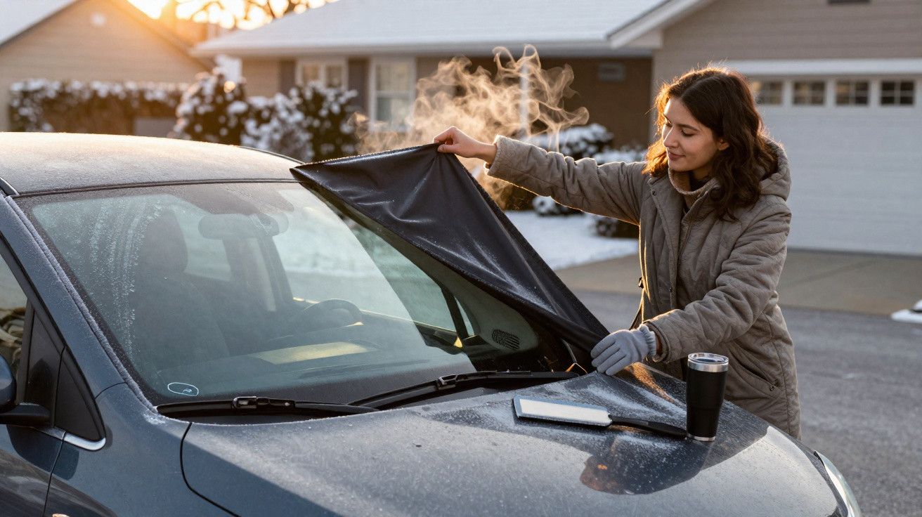Mulher tirando manta protetora do para-brisa congelado de carro em dia frio de inverno.