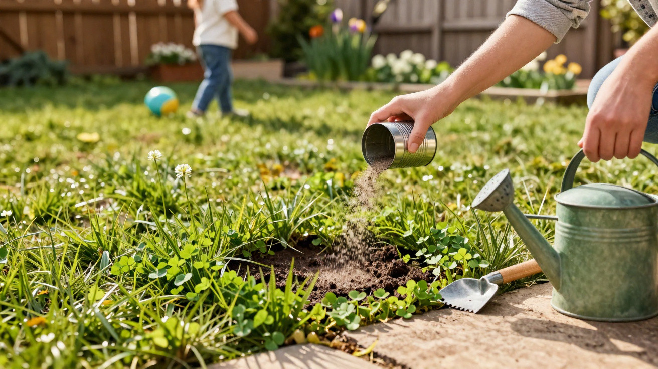 Pessoa regando e adubando uma pequena horta caseira no jardim com brinquedos e criança ao fundo.
