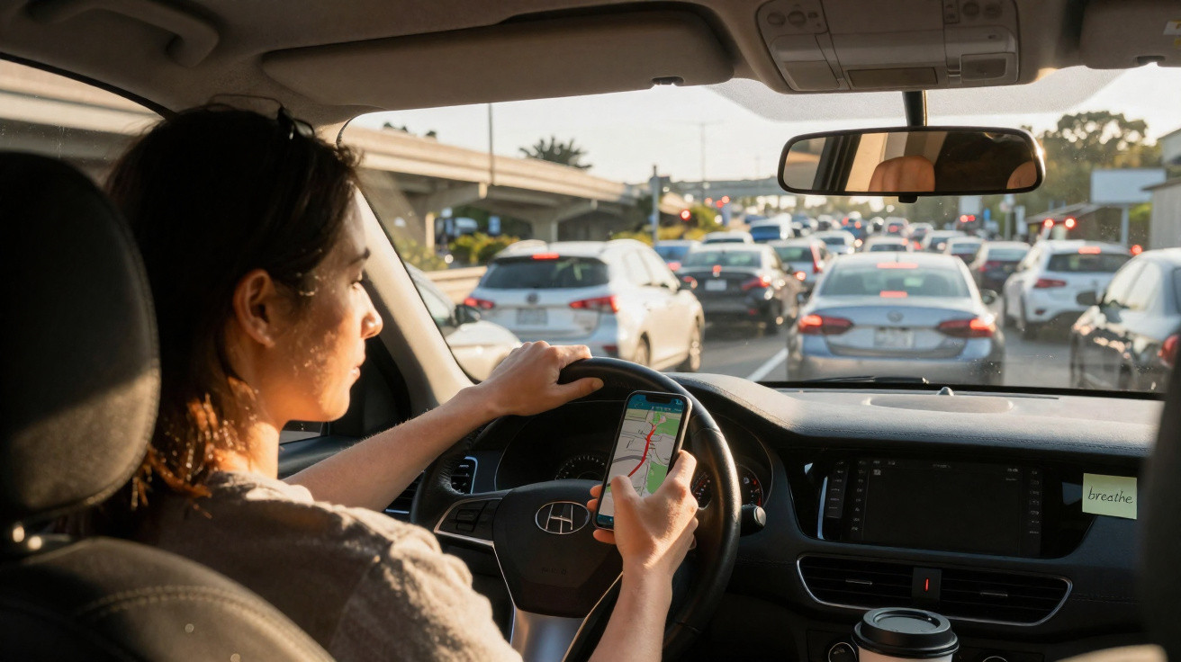 Mulher dirigindo carro parado no trânsito, olhando para o celular com mapa de navegação aberto.