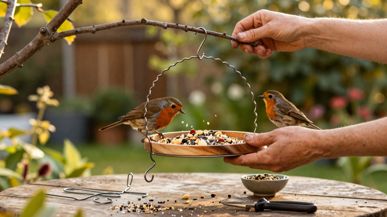 Mãos seguram comedouro pendurado em galho, alimentando dois pássaros pequenos em mesa ao ar livre.