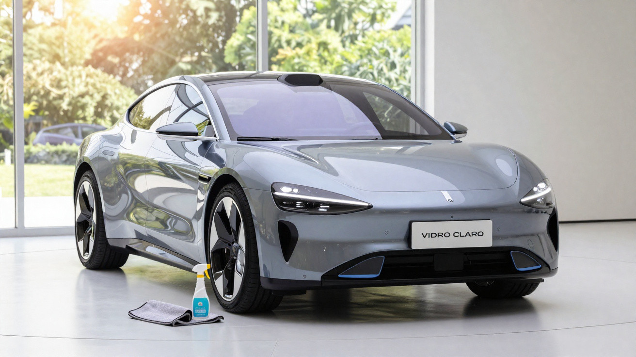 Carro esportivo cinza estacionado em ambiente interno com spray de limpeza e pano no chão ao lado.