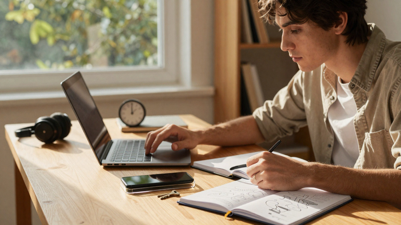Jovem estudando com notebook e caderno em mesa de madeira próxima a janela com planta ao fundo.
