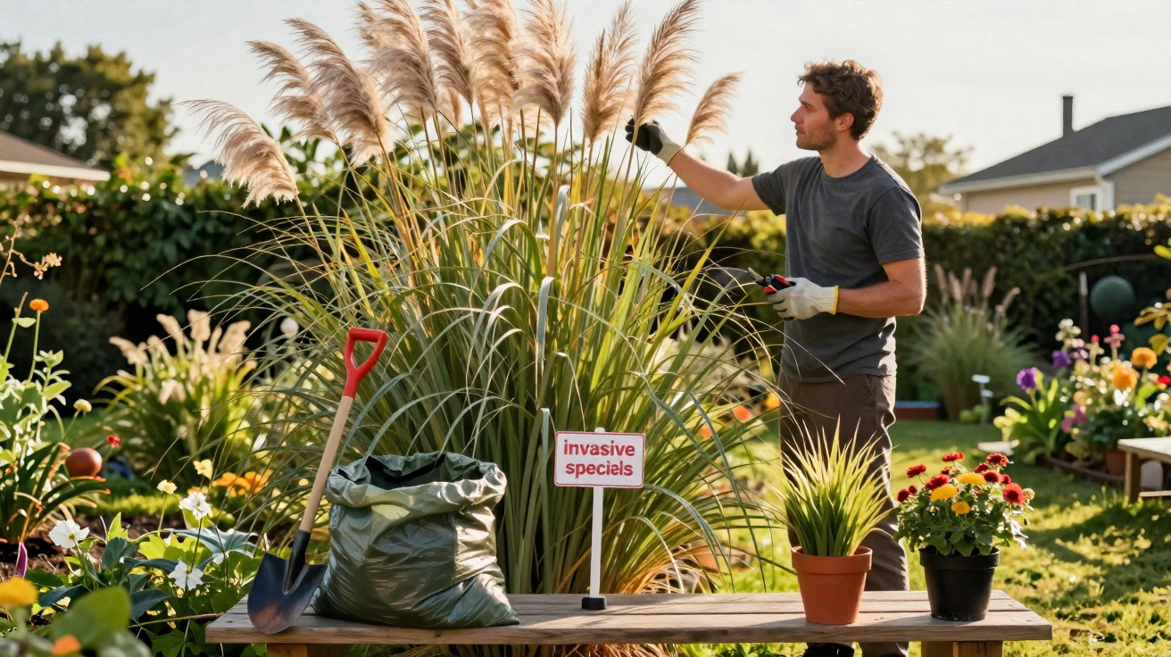 Homem cuidando de planta invasora em jardim com ferramentas e sacos para coleta ao redor.