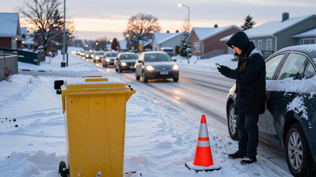 Pessoa com roupa de inverno usando celular ao lado de carro na rua coberta de neve com lixo amarelo e cone laranja.