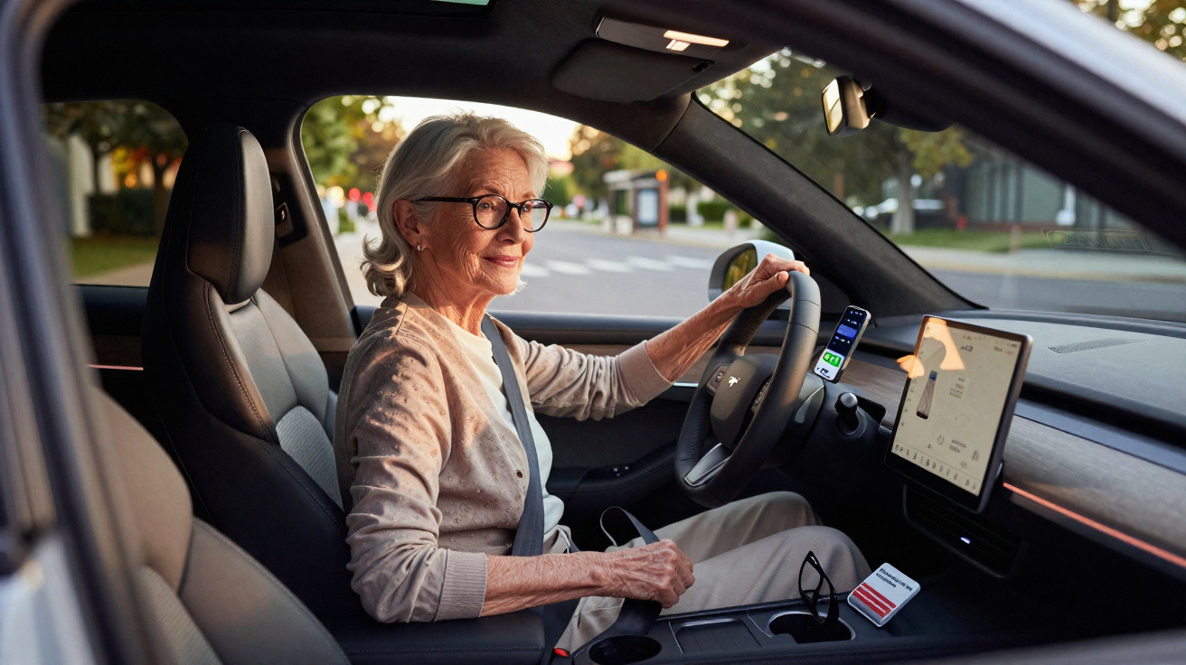 Mulher idosa dirigindo carro elétrico moderno, olhando para frente com expressão serena.