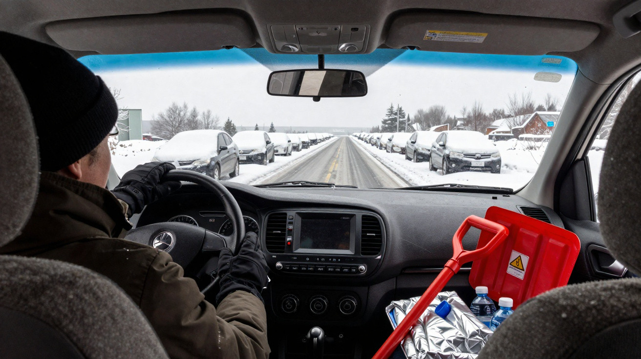 Pessoa dirigindo carro em estrada coberta de neve, com veículos estacionados nas laterais e pá vermelha no banco do passageir